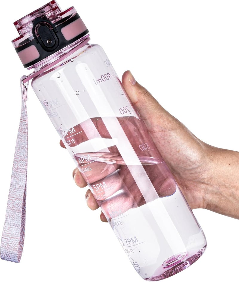 OLDLEY Water Bottle, 32oz Motivational Sports Water Bottle with Time Marker - Times to Drink - Tritan, BPA Free, Wide Mouth Leakproof,Clear Pink - Image 1